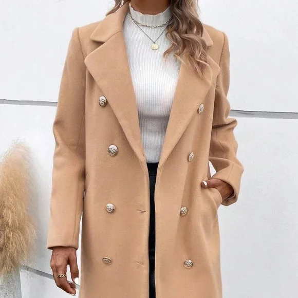 Tan Preppy Womens Lapel Collar Double Breasted Overcoat - Picture 4 of 4